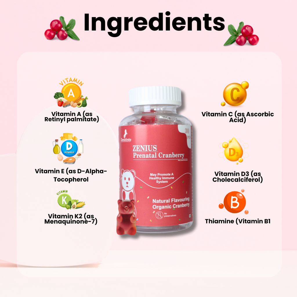 Zenius Cranberry Prenatal Gummies Nourishing Support for Expecting Mothers ( Cranberry Flavour) for Women- 30 Gummies Zenius.in